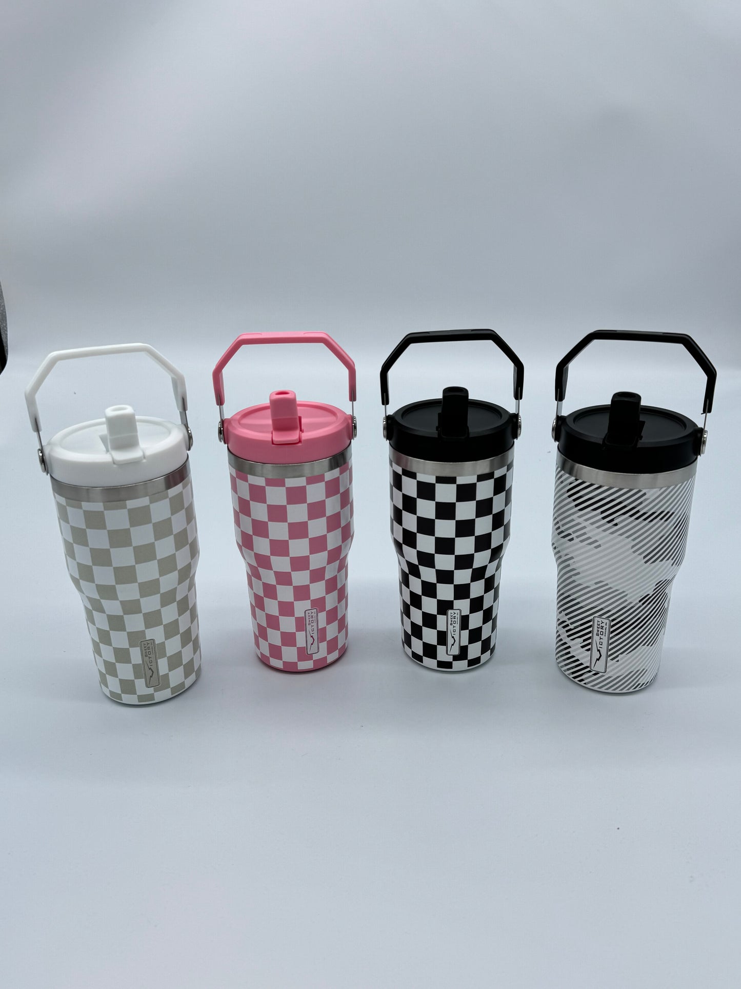 Pink Checkered 20 oz Tumbler with Flip Up Straw & Handle