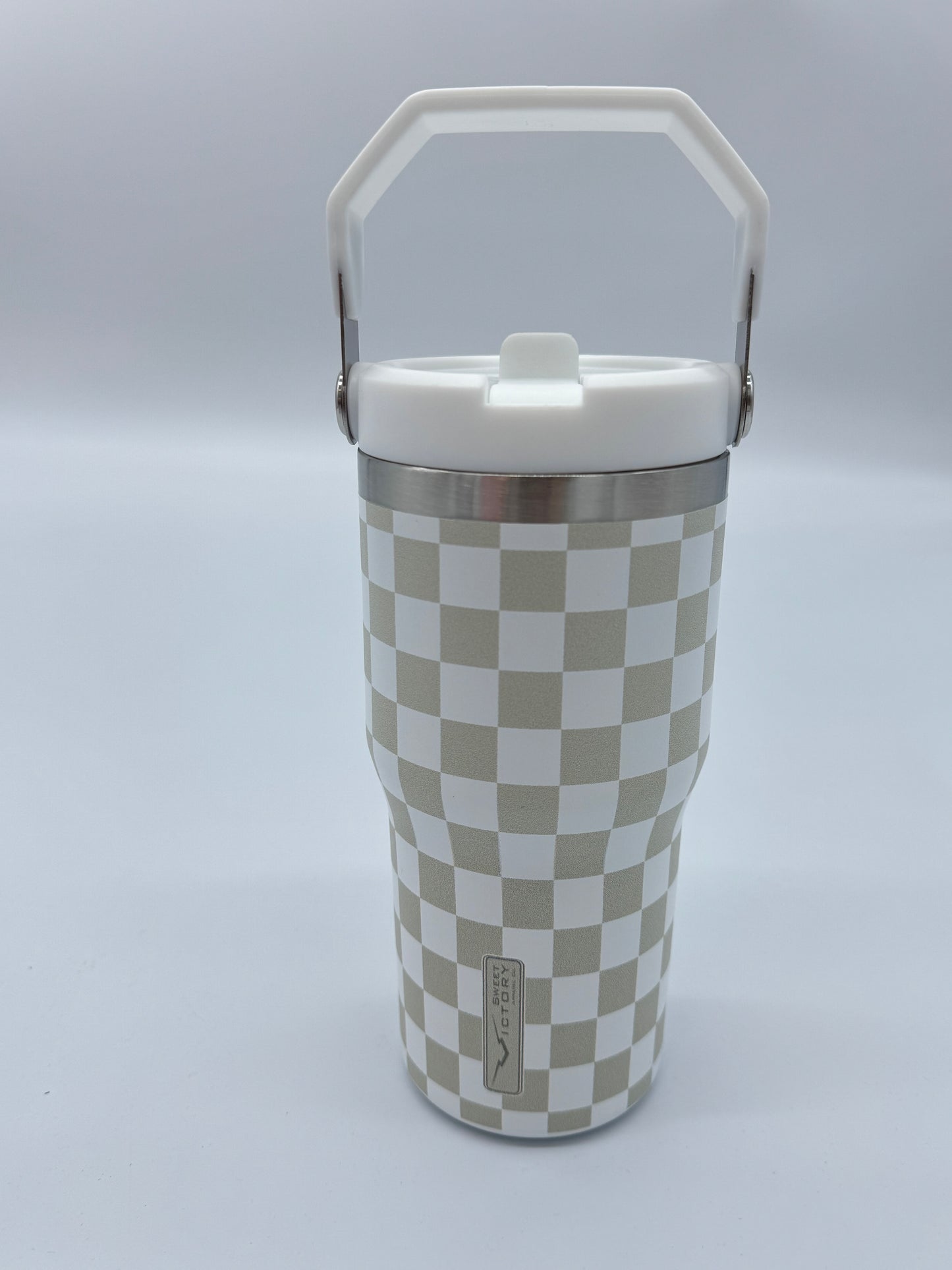 Creme Checkered 20 oz Tumbler with Flip Up Straw & Handle