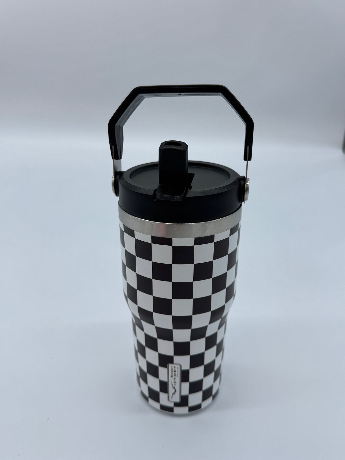 Black Checkered 20 oz Tumbler with Flip Up Straw & Handle