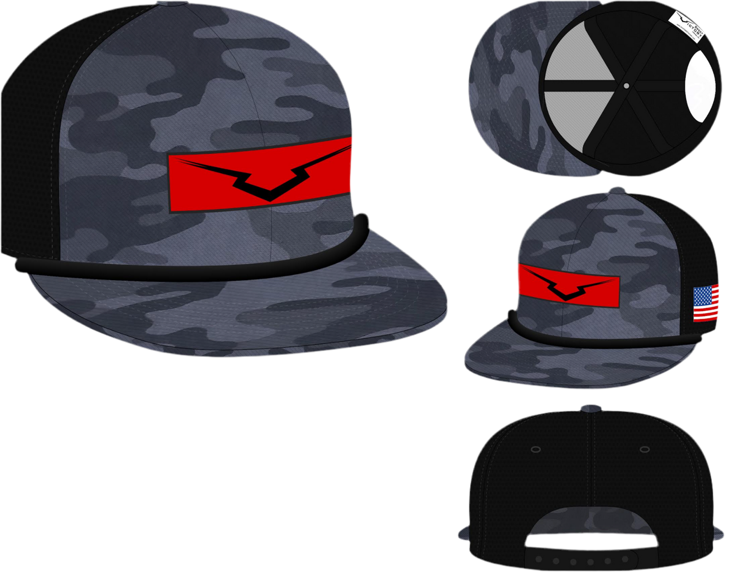 Black Camo V Maroon Rope Flat Bill Hat