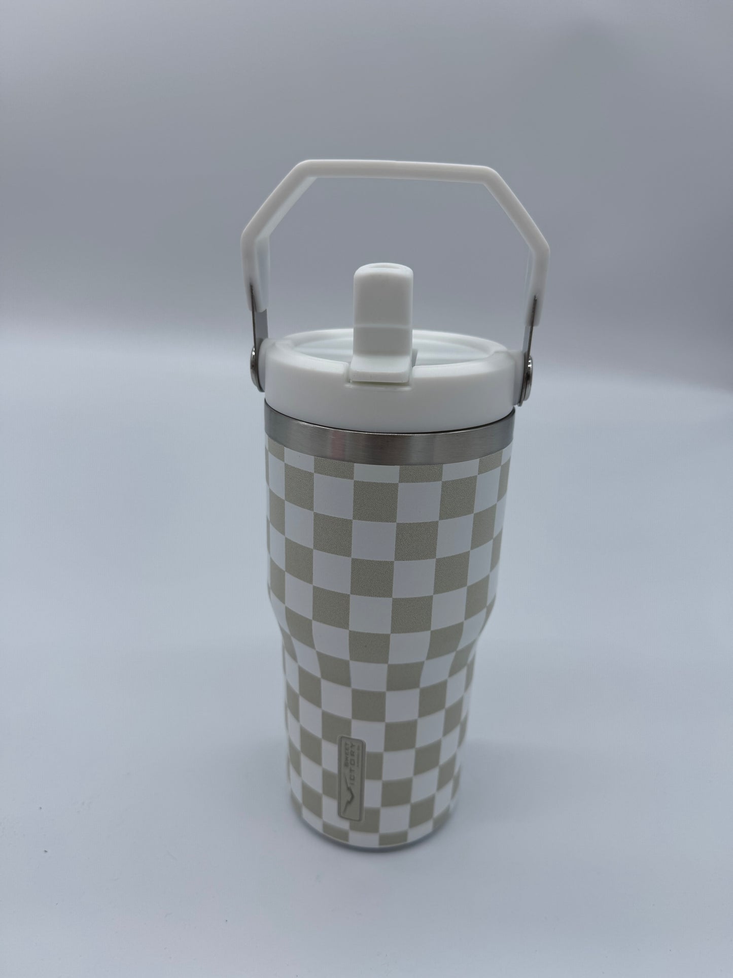 Creme Checkered 20 oz Tumbler with Flip Up Straw & Handle
