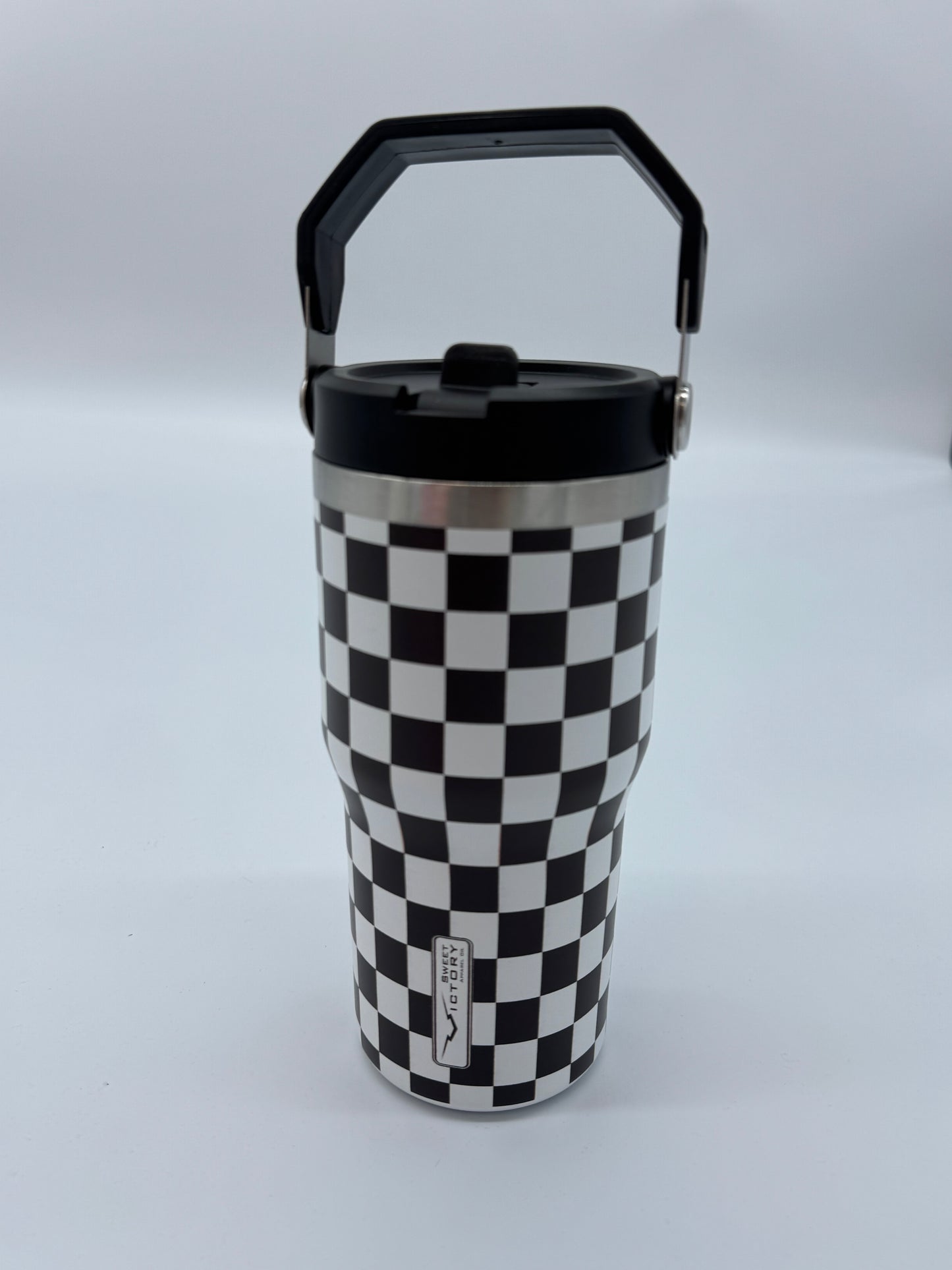 Black Checkered 20 oz Tumbler with Flip Up Straw & Handle