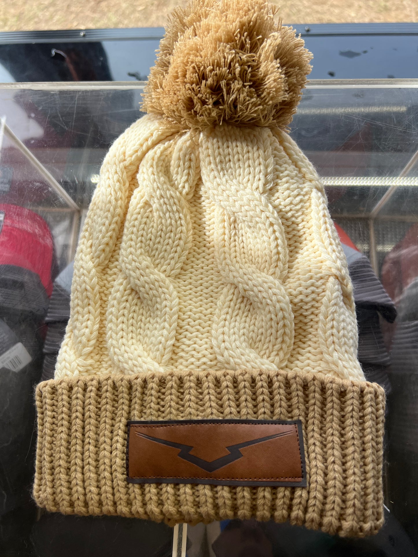 Cream/Mocha Leather Patch Knit Beanie