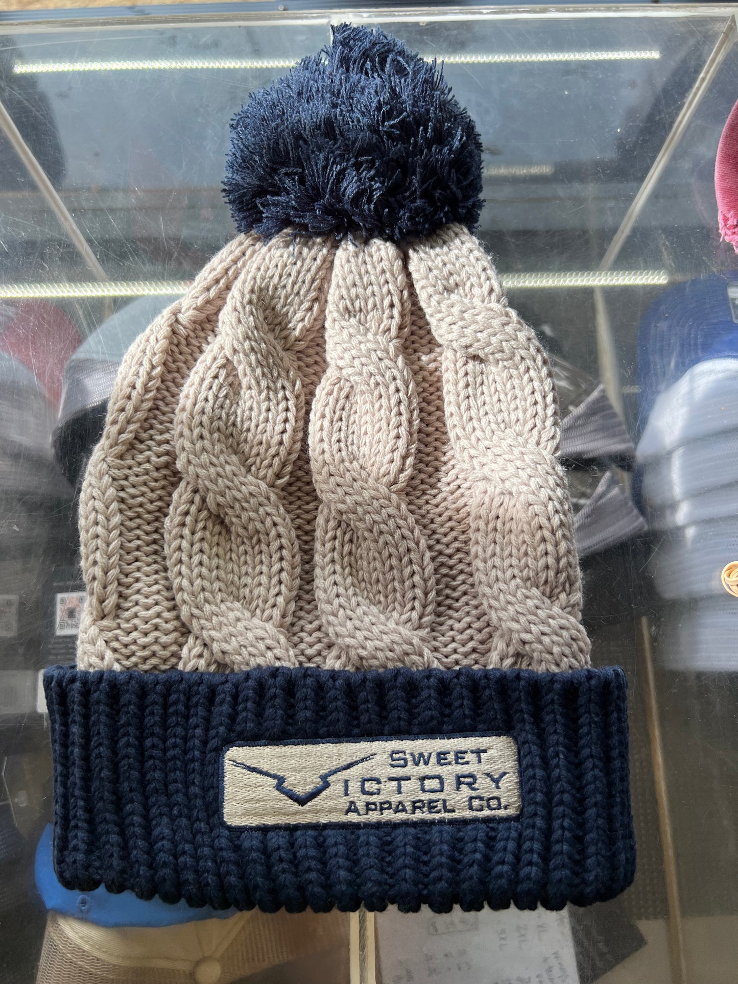 Stone/Navy Knit Beanie