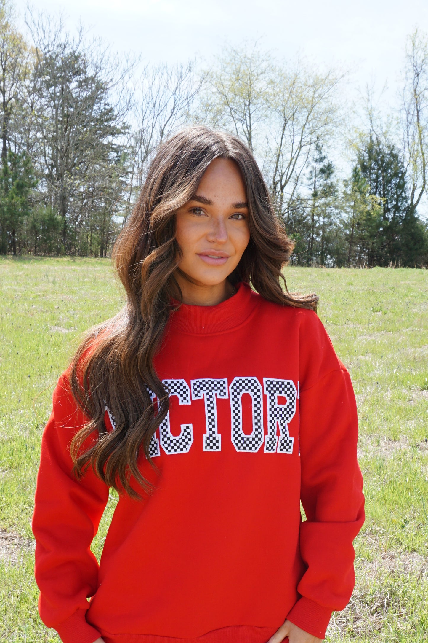 Red VICTORY Checkered Mockneck Sweatshirt
