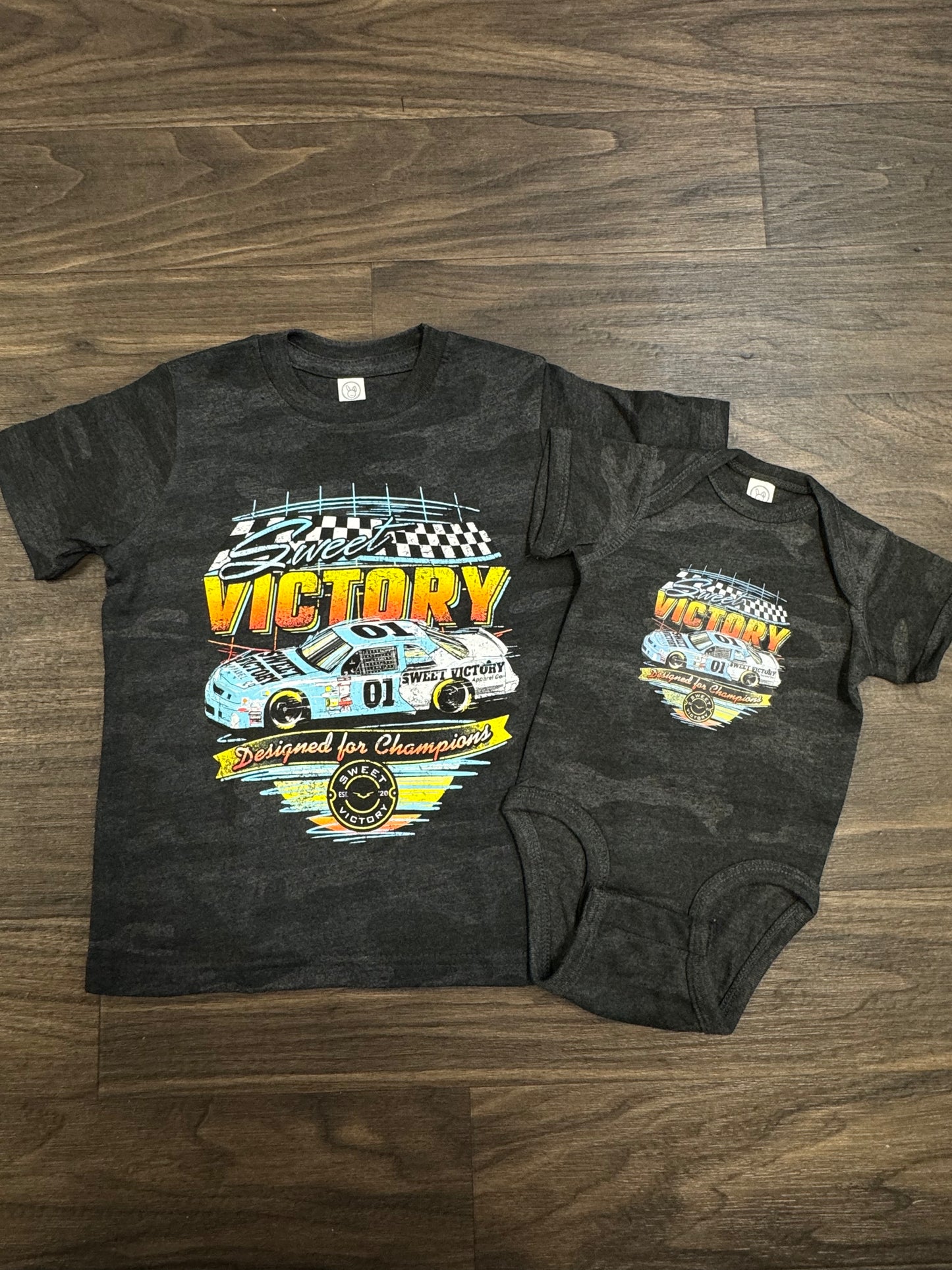 Black Camo Retro Racing Cup Car Kids Tee/Onesie