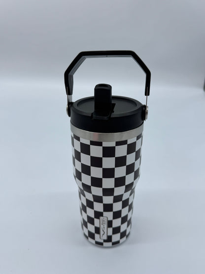 Black Checkered 20 oz Tumbler with Flip Up Straw & Handle