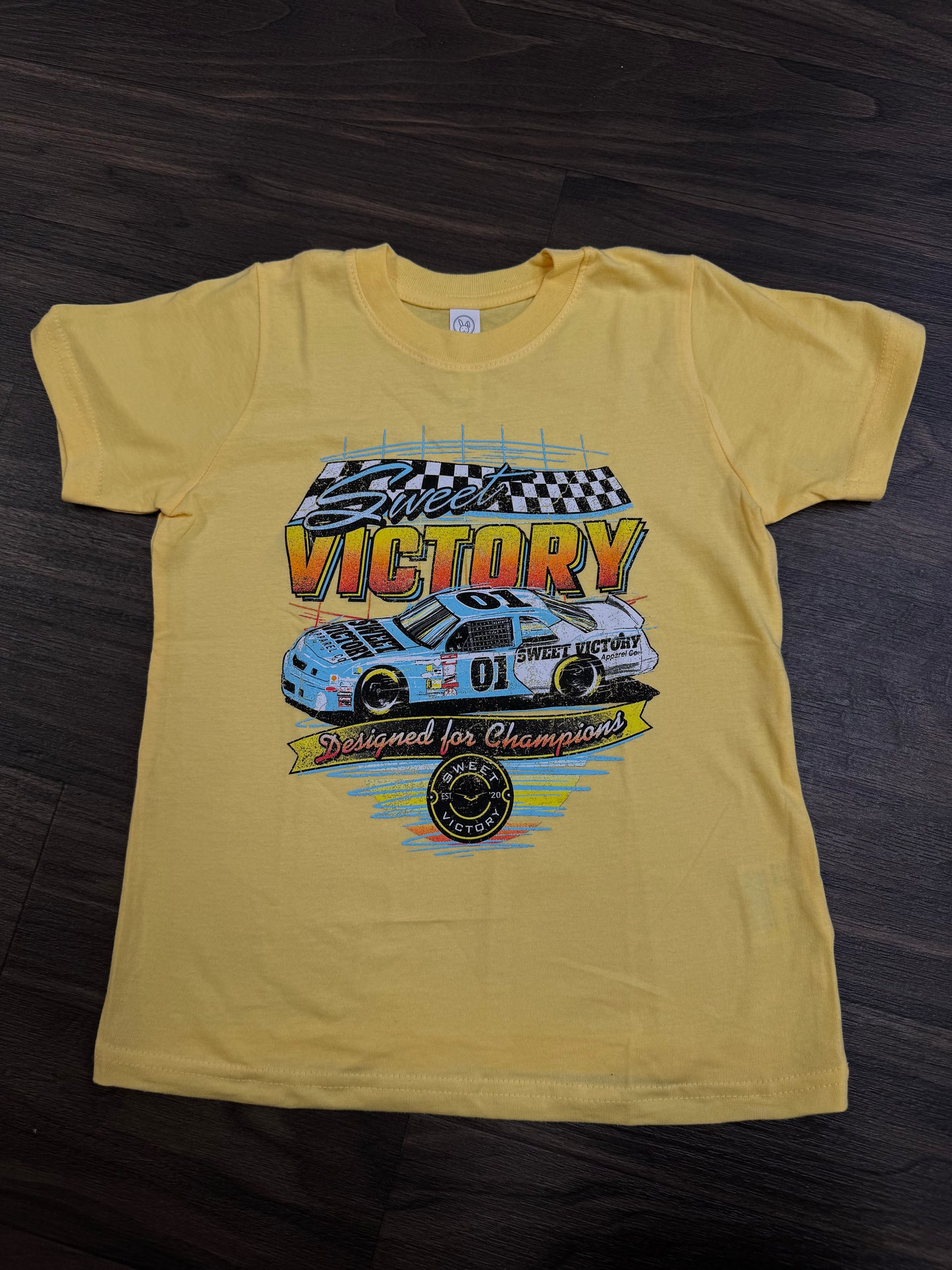 Yellow Retro Racing Cup Car Kids Tee/Onesie