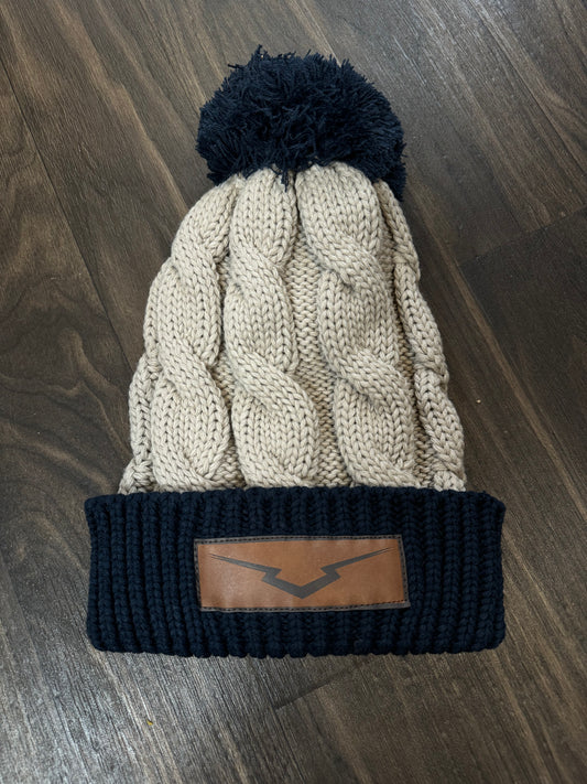 Stone/Navy Knit Leather Patch Beanie