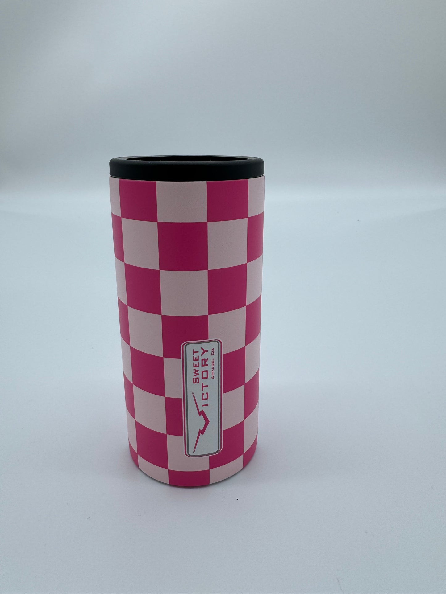 Pink Checkered Slimcan Koozie