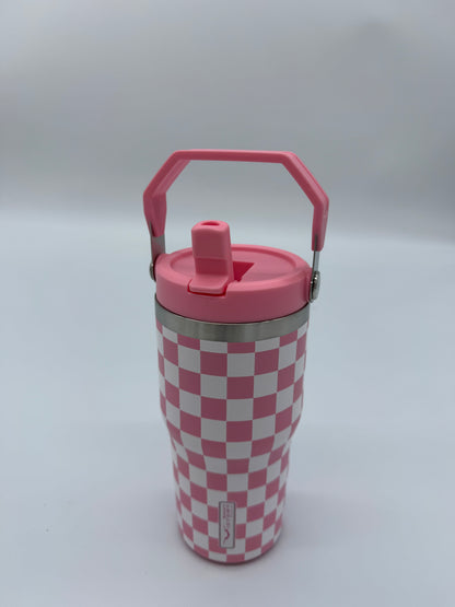 Pink Checkered 20 oz Tumbler with Flip Up Straw & Handle
