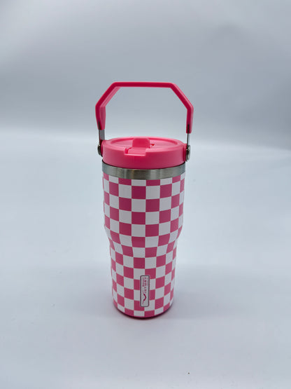 Pink Checkered 20 oz Tumbler with Flip Up Straw & Handle