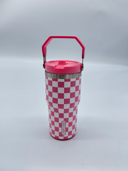 Pink Checkered 20 oz Tumbler with Flip Up Straw & Handle