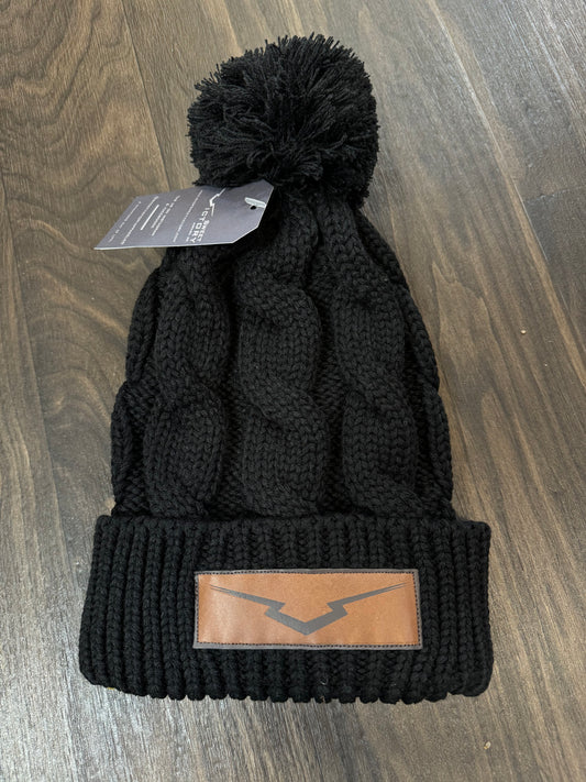 Black Leather Patch Knit Beanie