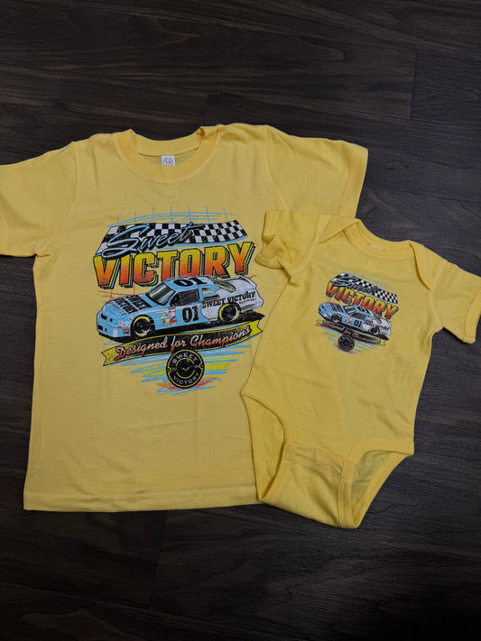 Yellow Retro Racing Cup Car Kids Tee/Onesie