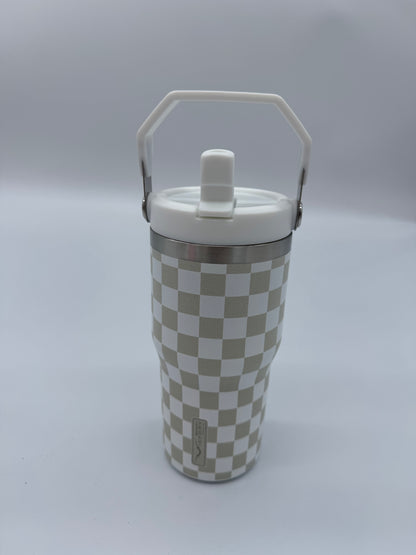 Creme Checkered 20 oz Tumbler with Flip Up Straw & Handle