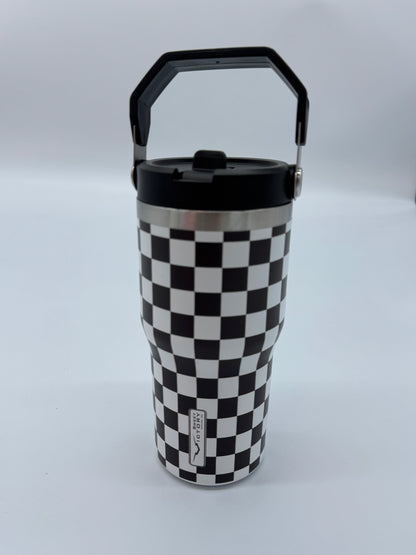 Black Checkered 20 oz Tumbler with Flip Up Straw & Handle