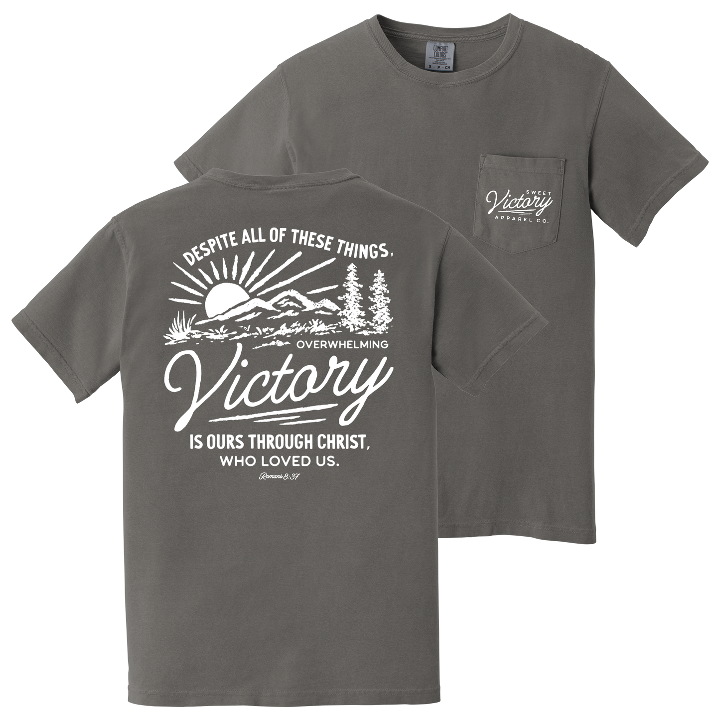 Romans 8:37 Grey Pocket Comfort Colors Tee