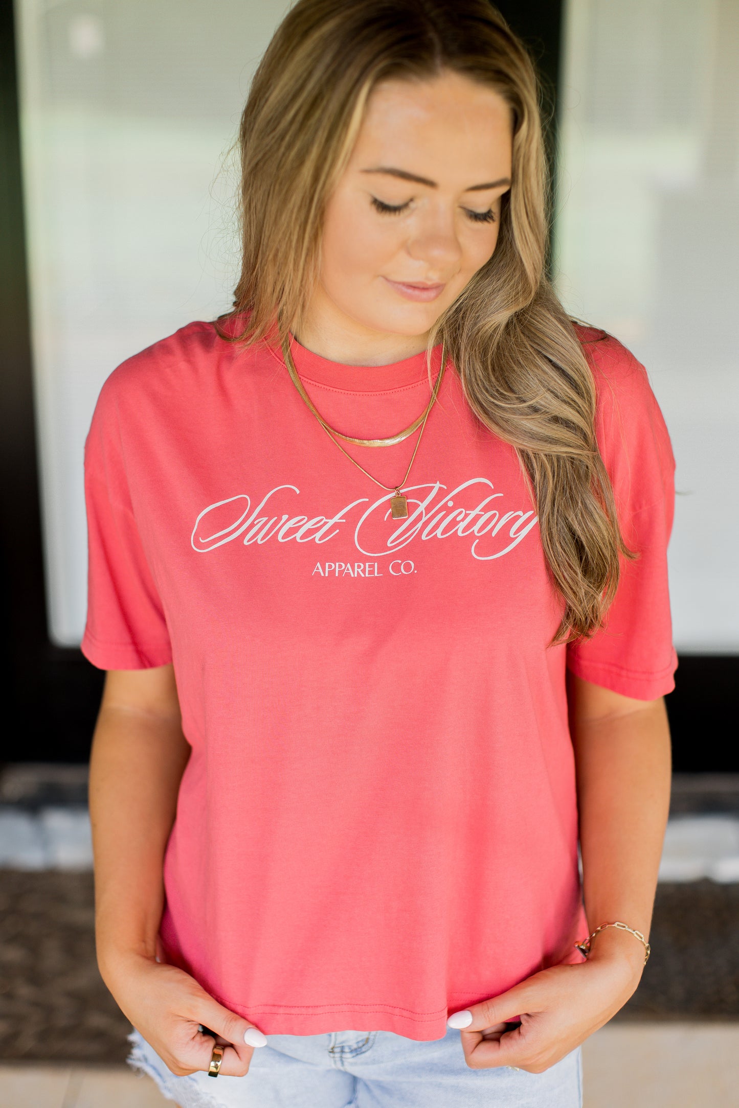 Womens Classic Style Pink Romans 8:37 Tee