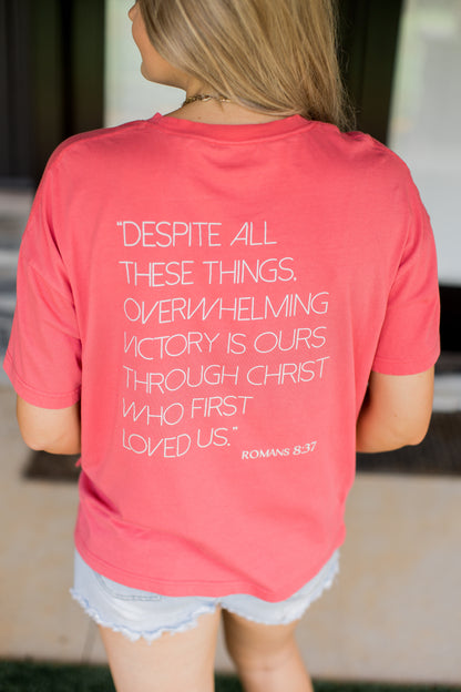 Womens Classic Style Pink Romans 8:37 Tee