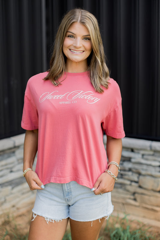 Womens Classic Style Pink Romans 8:37 Tee
