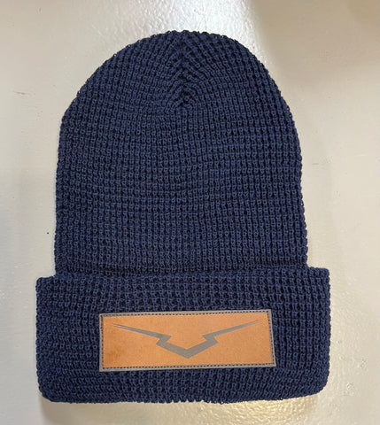 Navy Leather Patch Knit Beanie