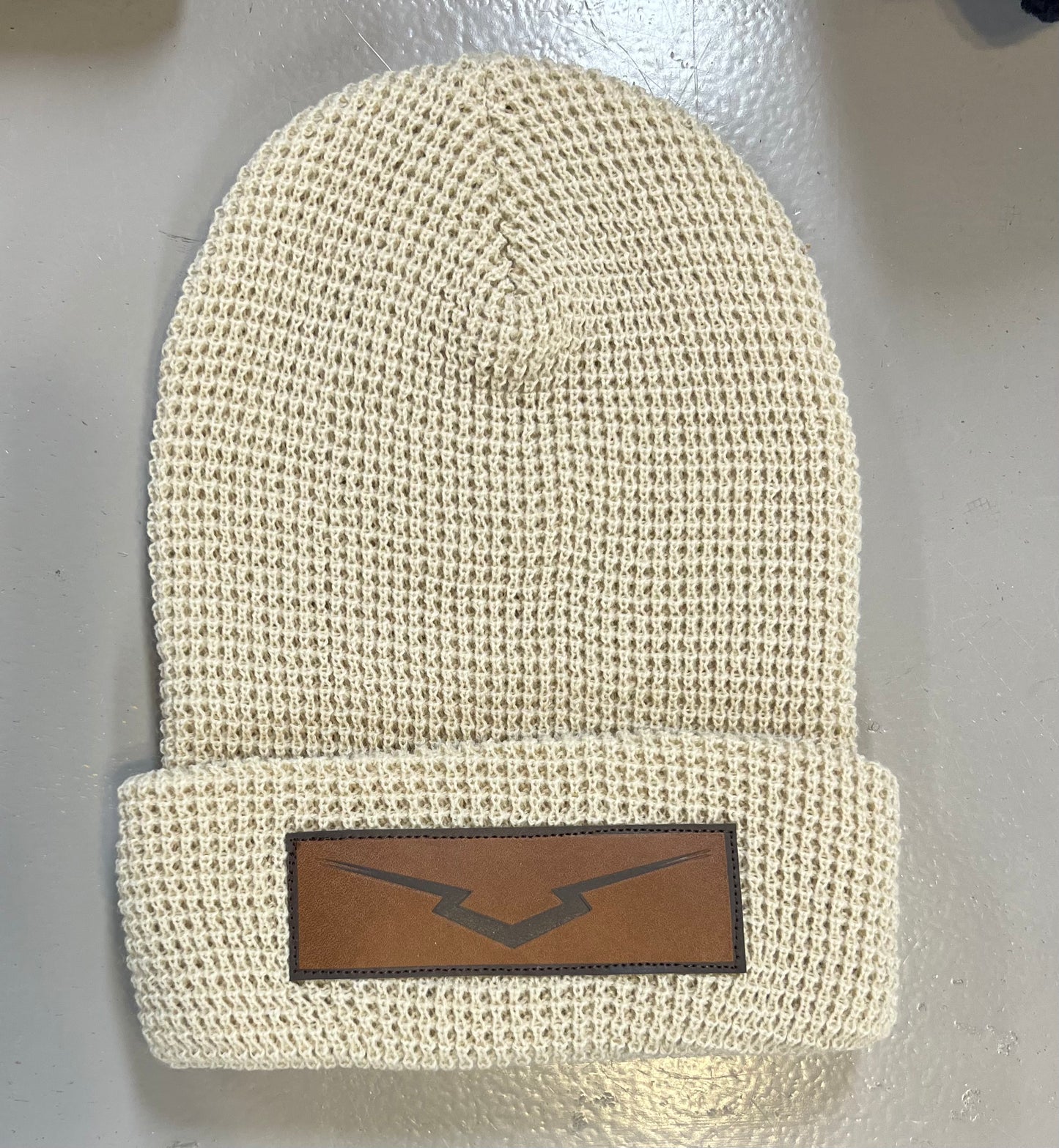 Creme Leather Patch Knit Beanie