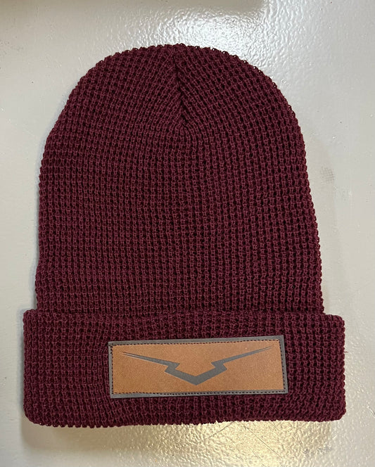 Maroon Leather Patch Knit Beanie