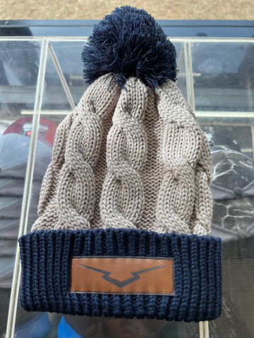 Stone/Navy Knit Leather Patch Beanie